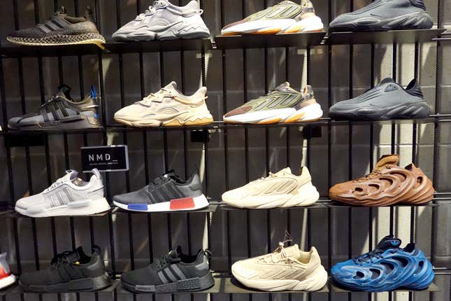 Shoes are offered for sale at an Adidas store on February 10, 2023 in Chicago, Illinois. Adidas is expecting to report a loss in 2023 after terminating a lucrative deal with rap artist Ye (formerly Kanye West) after he made a series of antisemitic and racist remarks. The company is now trying to decide what to do with $1.3 billion of the artist's unsold Yeezy branded merchandise